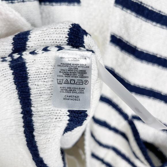 New LOFT S White Navy Blue Striped V Neck Pocket Long Cardigan Sweater Cotton - Picture 9 of 12